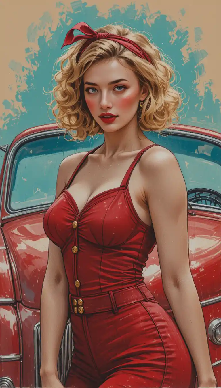 Blonde woman in red overalls on vintage red car