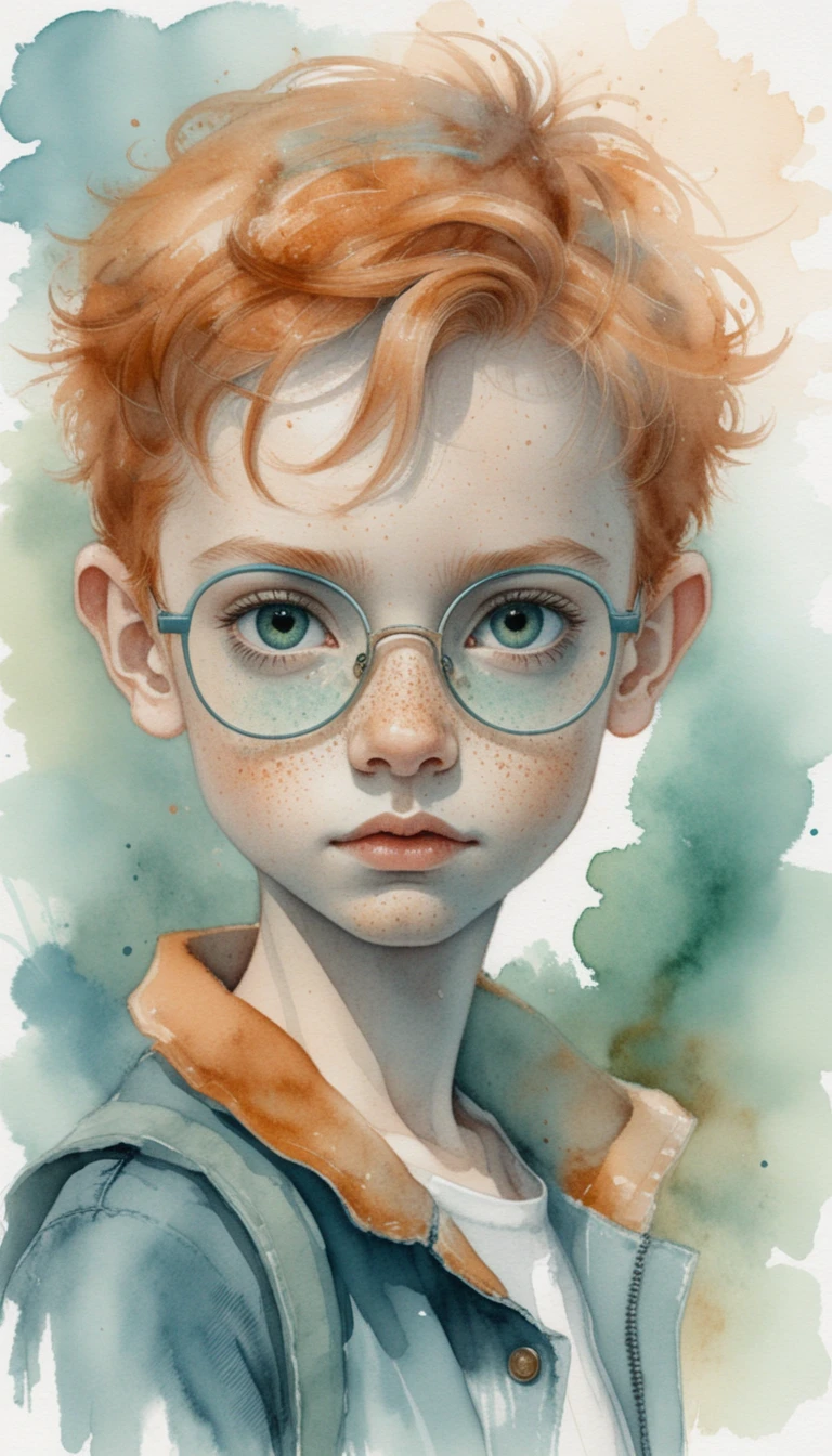 Freckled red haired boy with glasses in watercolor portrait