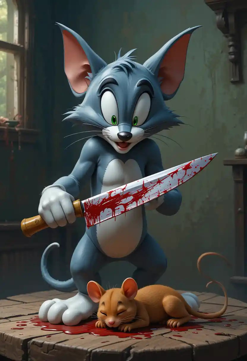 Horror painting of a cartoon cat with a bloody knife