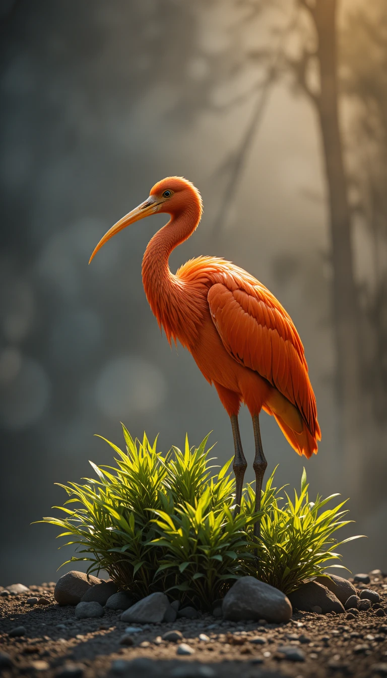 Orange ibis beside green plants in soft studio setting
