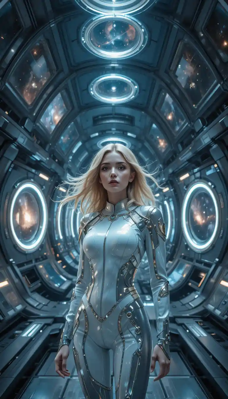 Mujer rubia en estación espacial futurista con portales cósmicos
