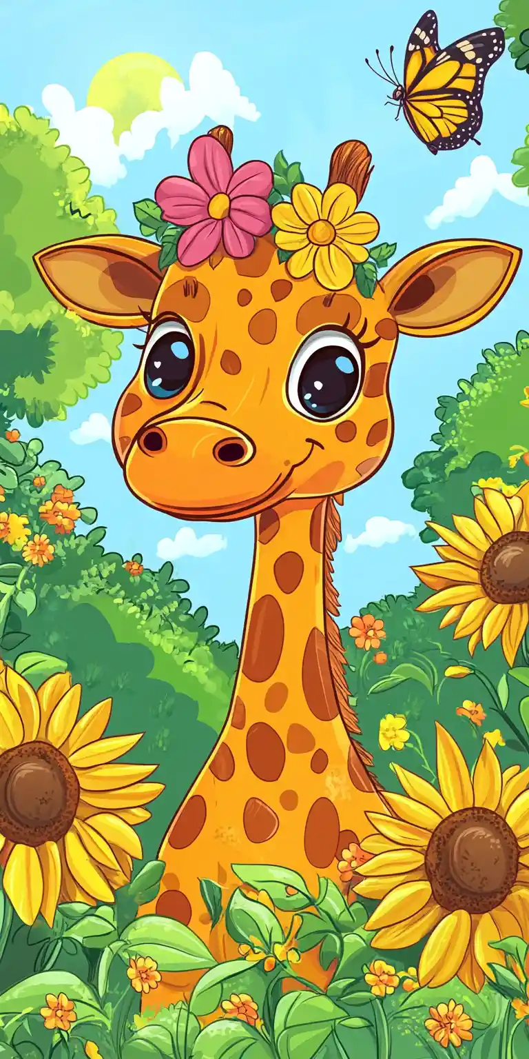 Dolce giraffina in un prato soleggiato con girasoli