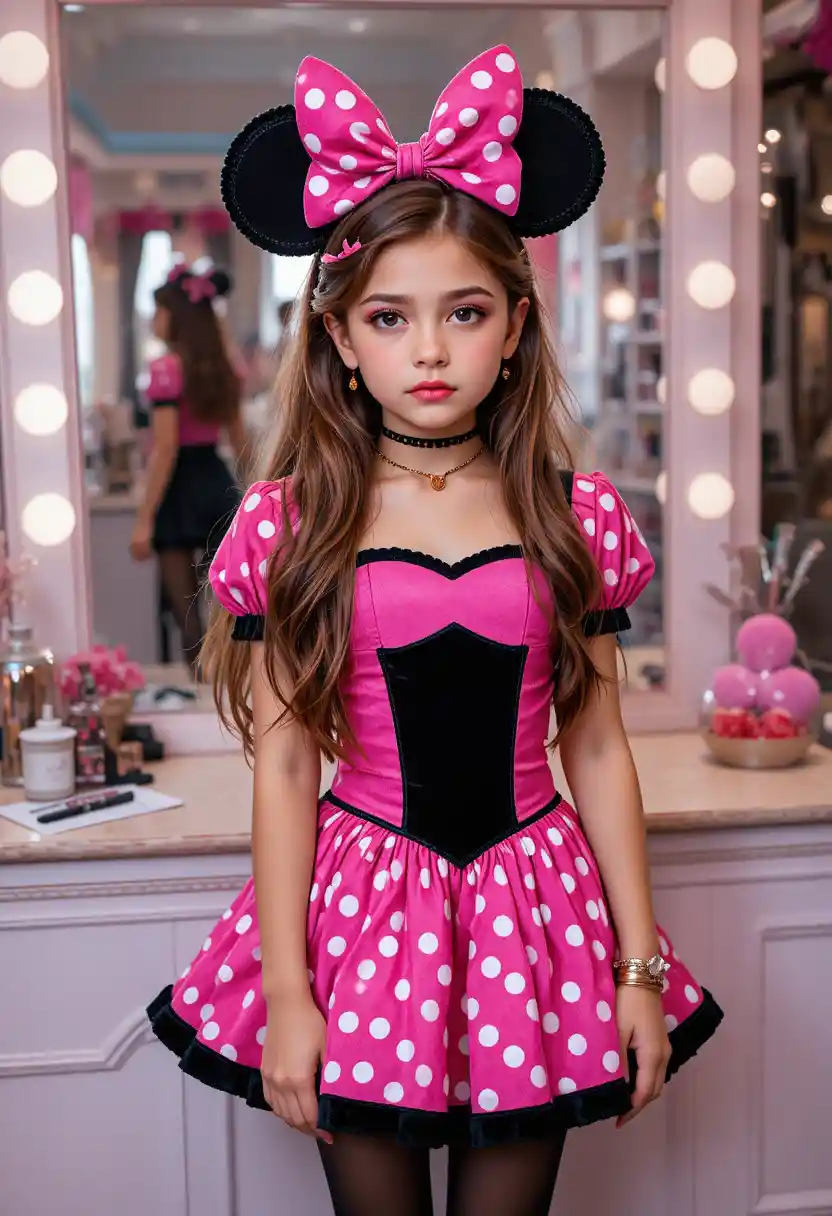 Ragazzo preadolescente in abito di Minnie Mouse a una toilette di boutique