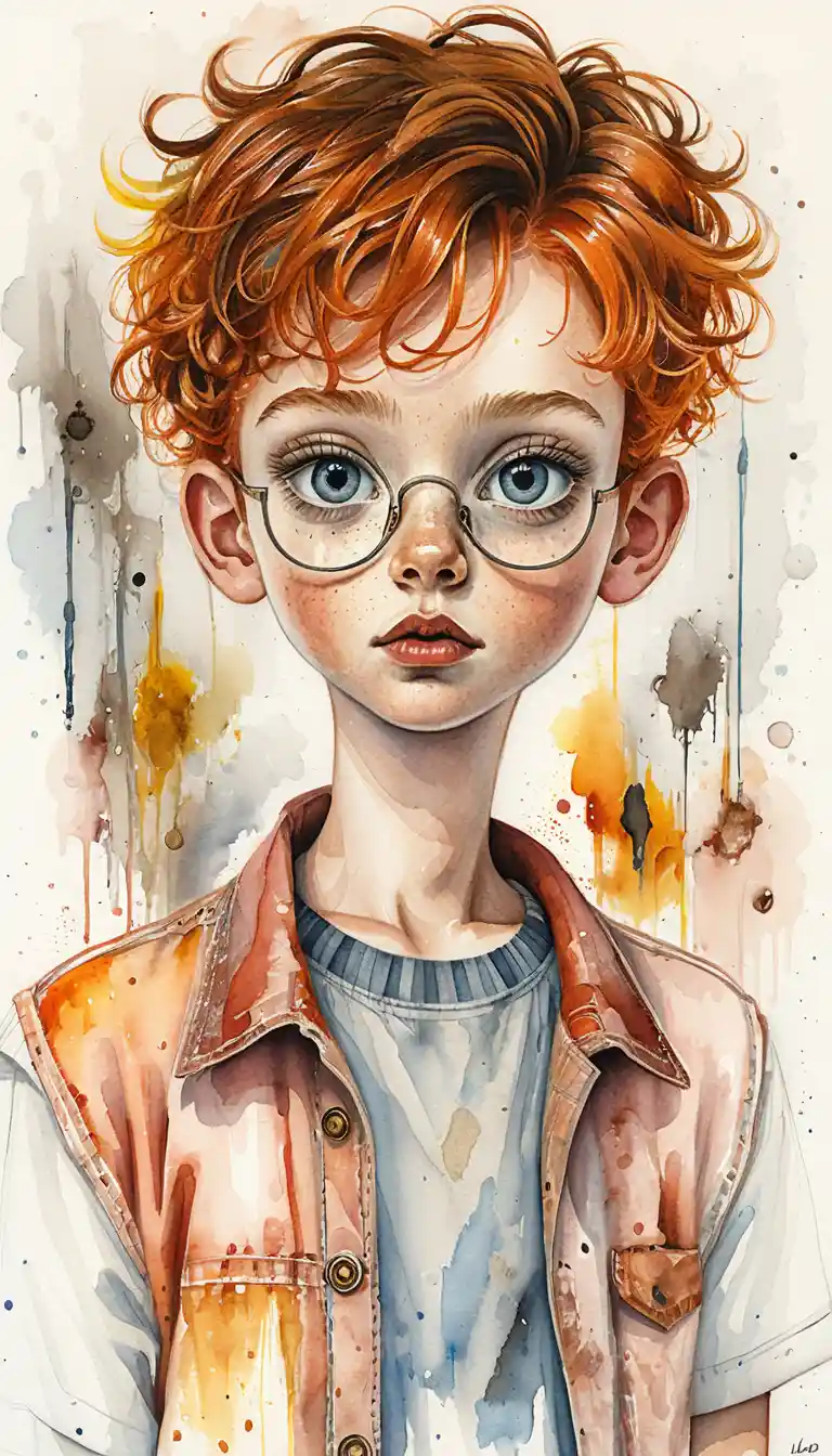 Freckled red haired boy with glasses in watercolor portrait