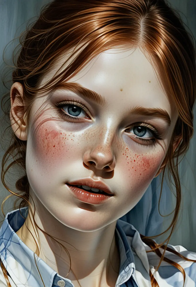 Top down portrait of a freckled auburn haired girl