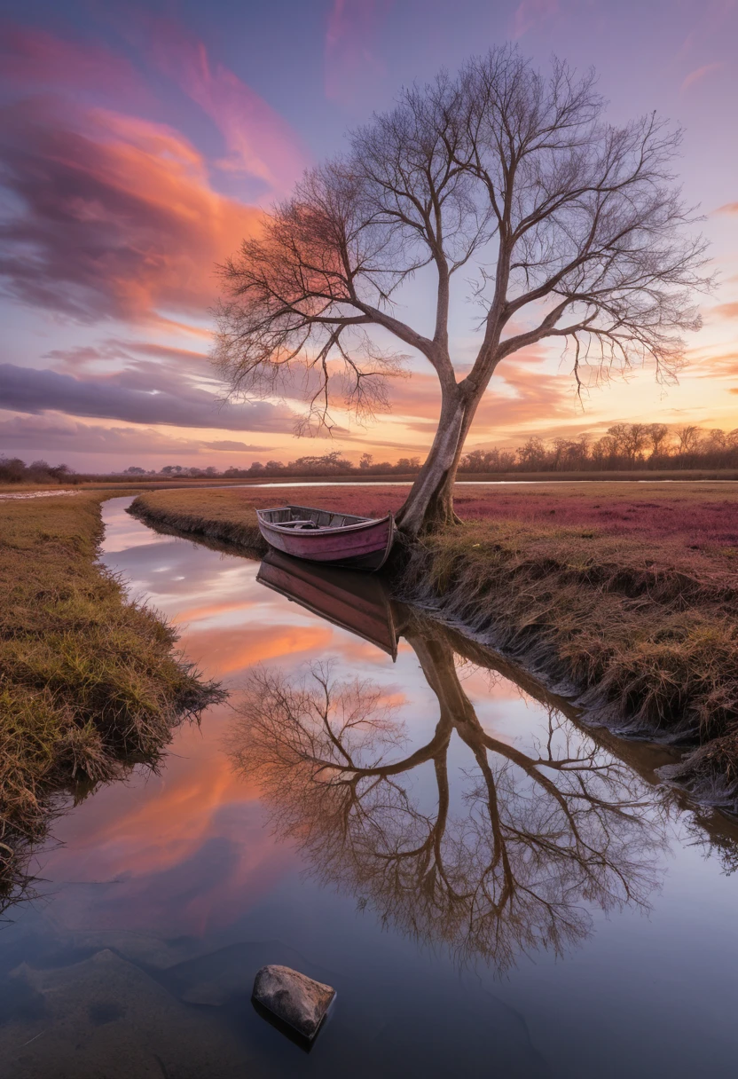 Árbol solitario y sin hojas reflejado en el tranquilo atardecer del río Orinoco