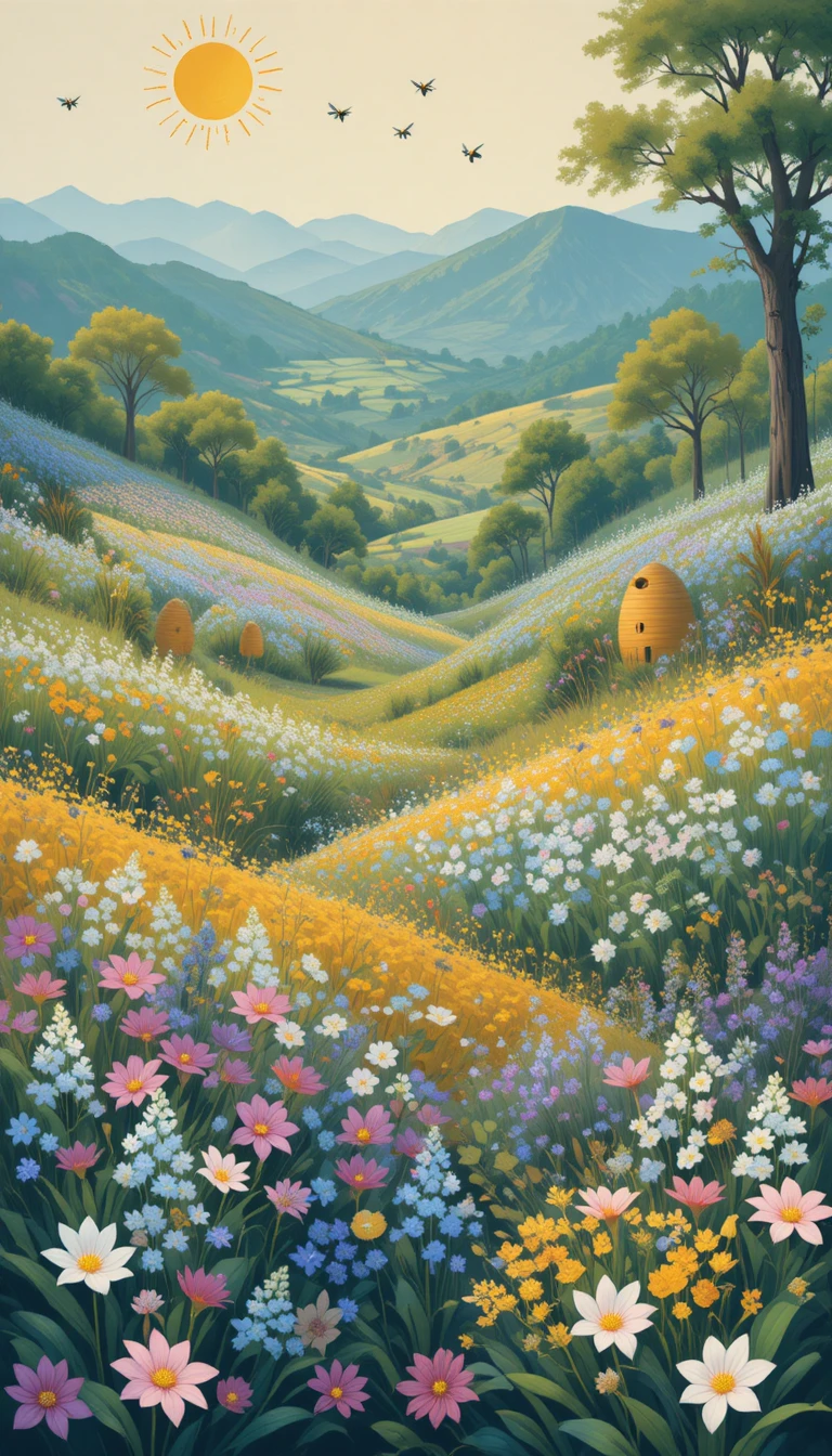 Flache Illustration von Wildblumen und Bienenstöcken im Garten