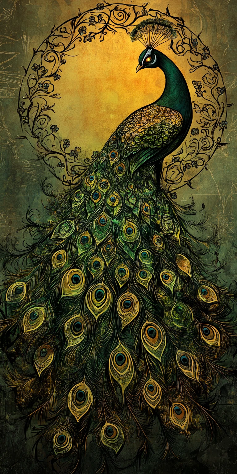 Pavo Real de Fantasía Oscura con Ojos Ocultos y Patrones Góticos