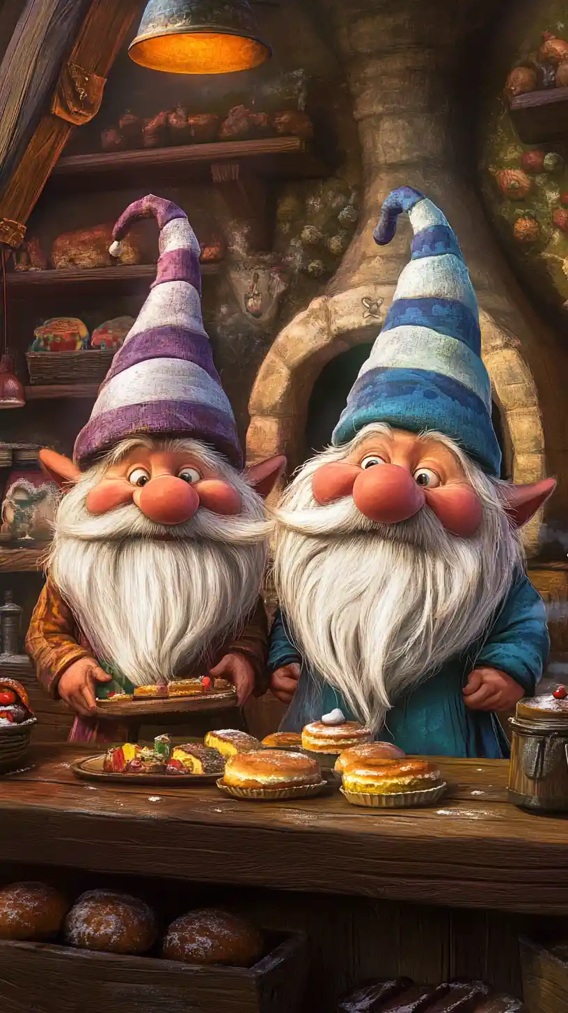 Cheerful cartoon dwarves baking in a cozy fantasy bakery