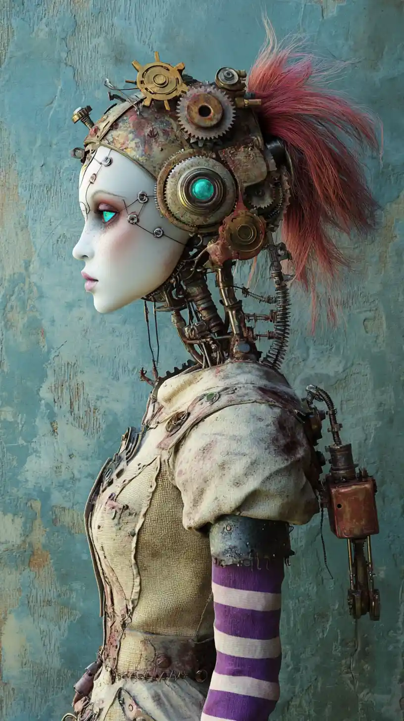 Mulher boneca de pano gótica steampunk em perfil lateral
