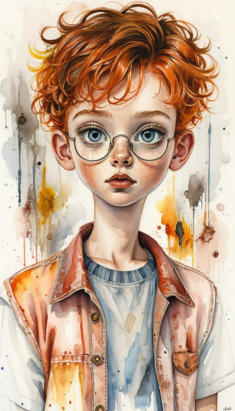 Freckled red haired boy with glasses in watercolor portrait