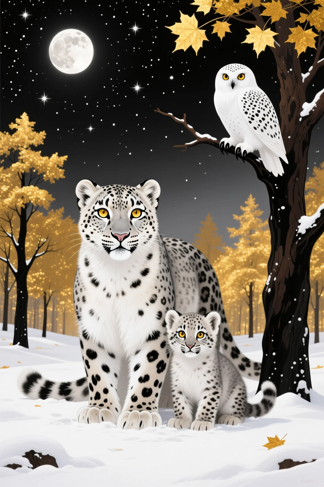 Snow leopard mother and cubs under a moonlit sky