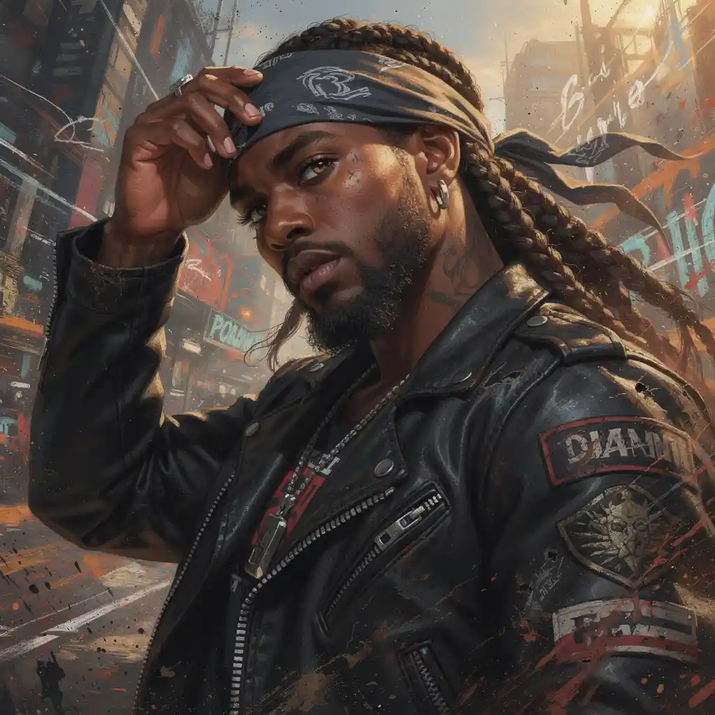 Fantasy biker portrait in low angle heroic close up