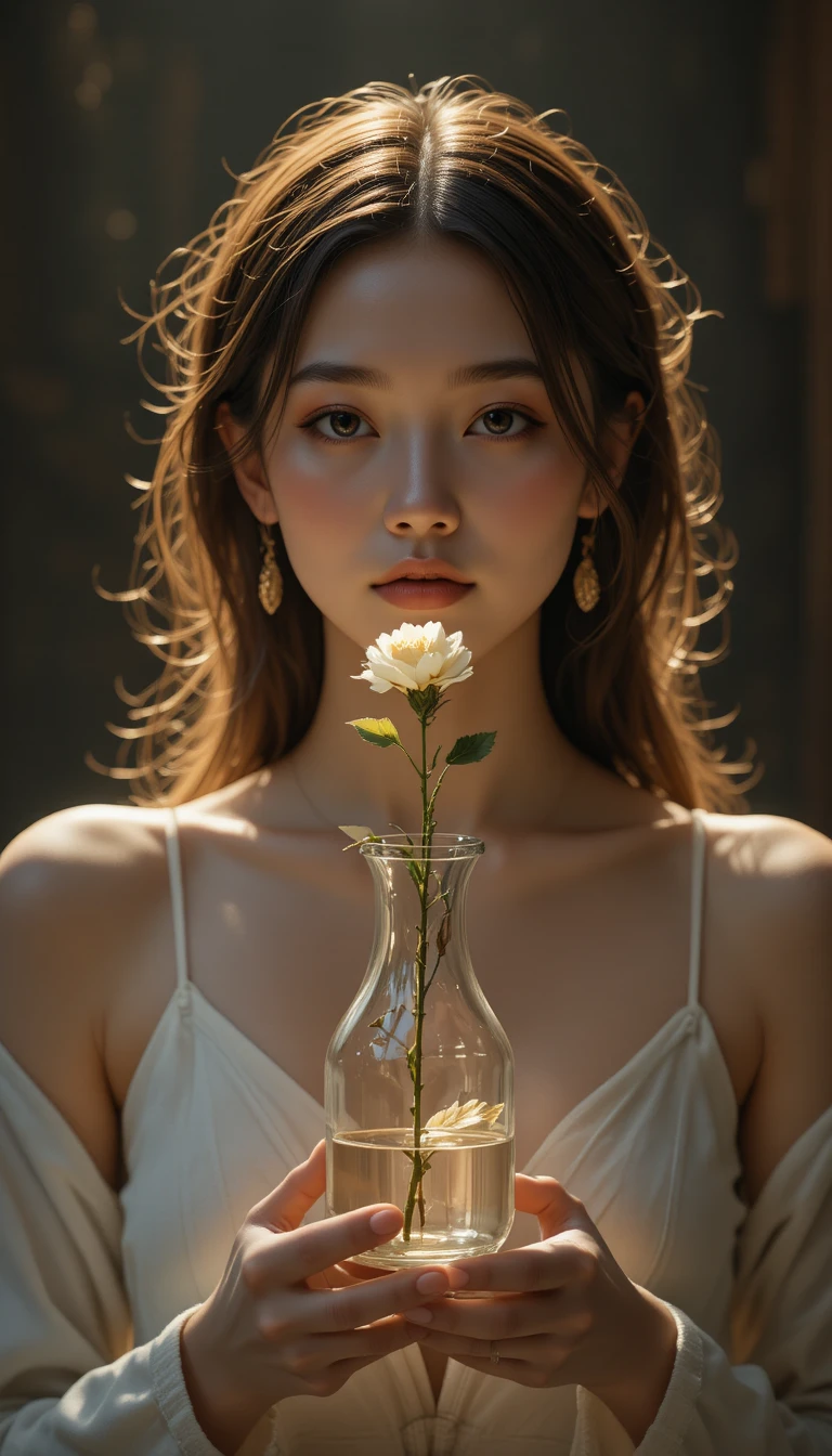 Serene woman with single flower in dark studio portrait
