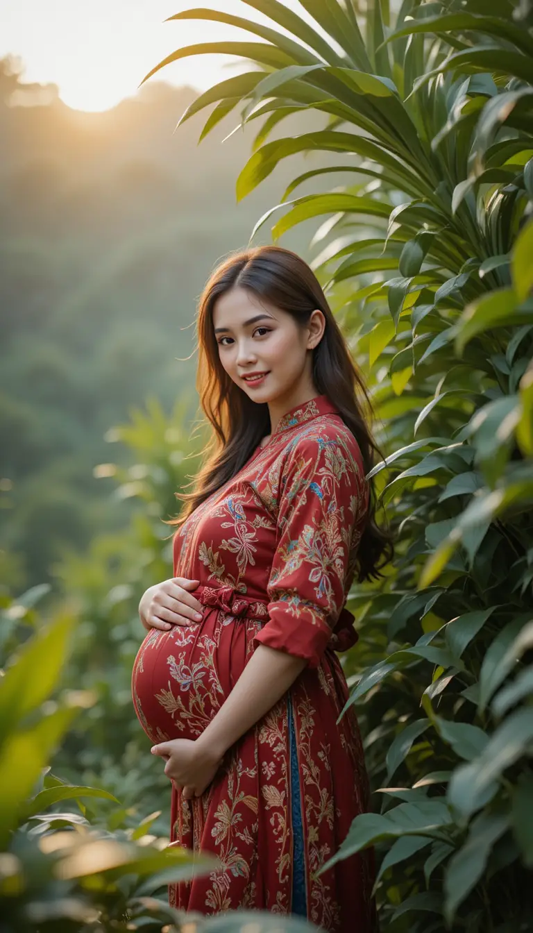 Pregnant Indonesian woman picking chilies in rural field