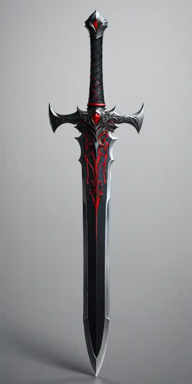 Espada negra con detalles rojos sobre fondo gris claro