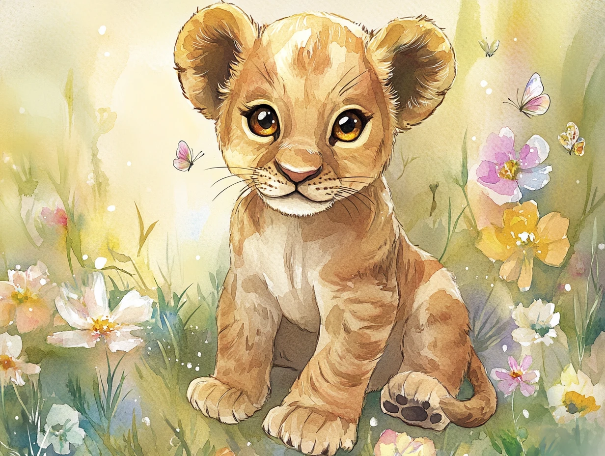 Whimsical Watercolor Baby Lion Cub In Flower Meadow