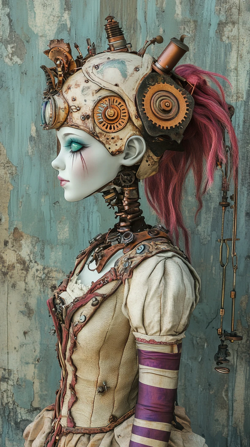 Steampunk gothic ragdoll woman in side profile view