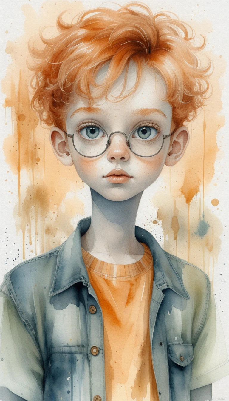 Retrato en acuarela de niño pelirrojo con pecas y gafas redondas