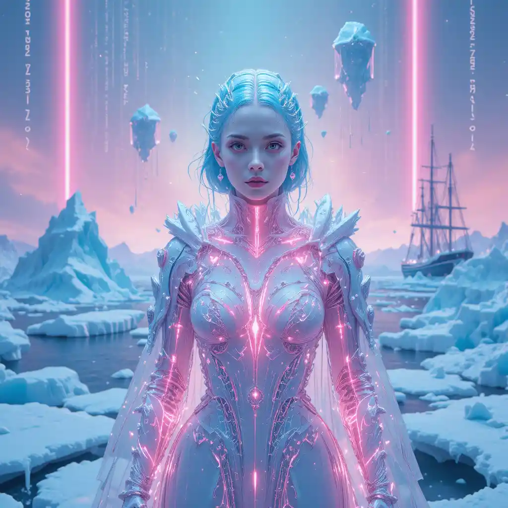 Surreal arctic empress in a frozen neon harbor