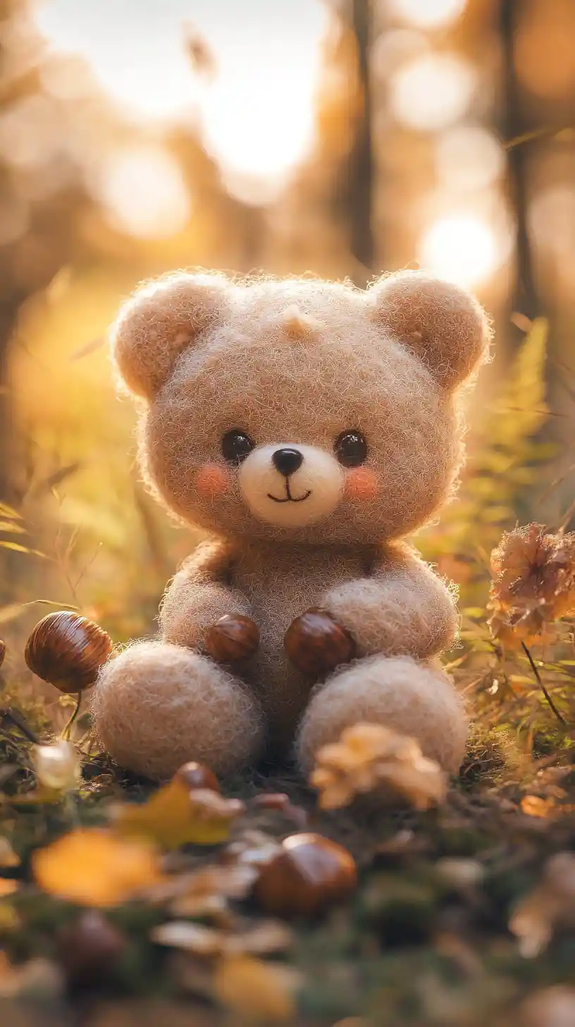 Cute felt teddy bear in a sunny forest clearing