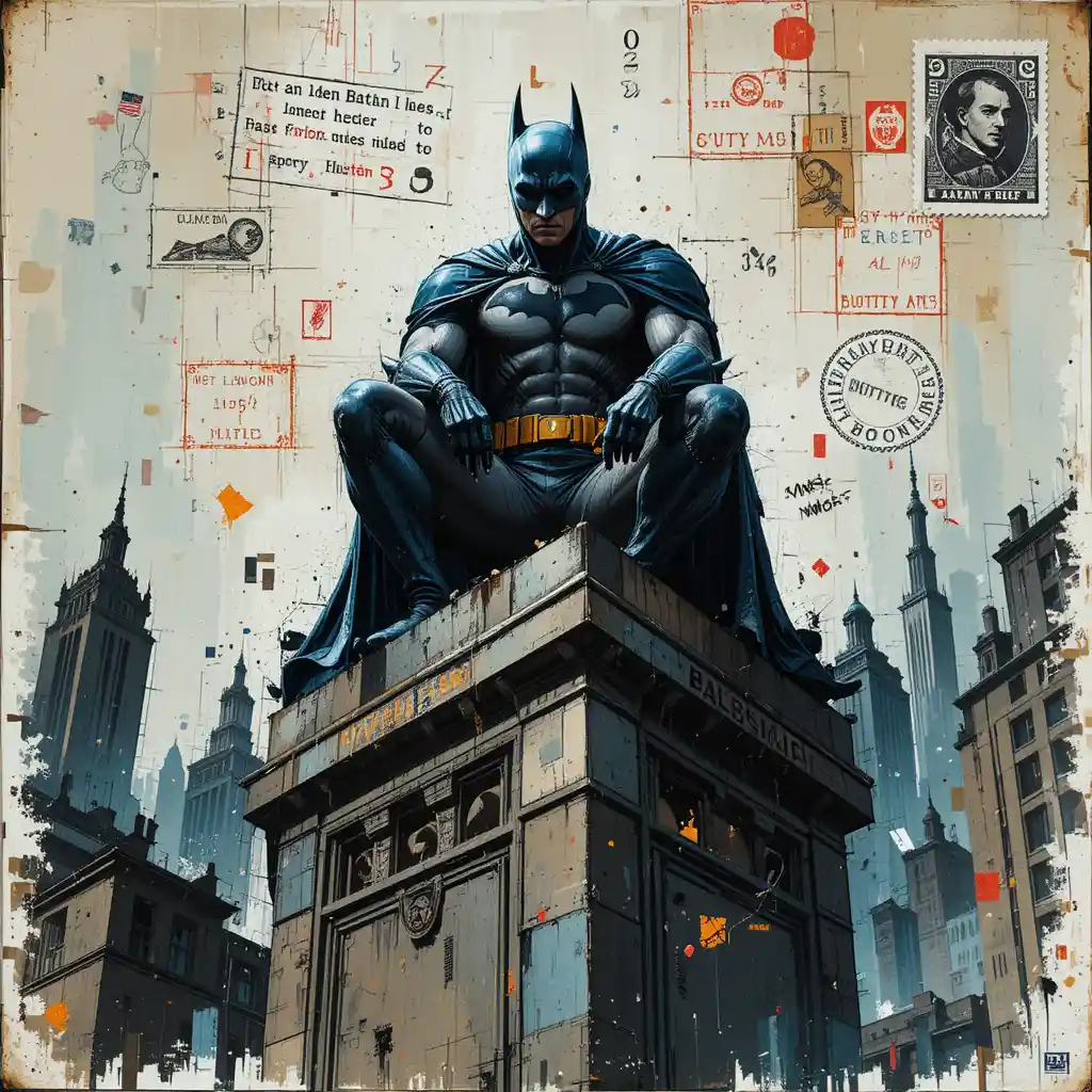 Dark superhero watching over a gritty Gotham city skyline