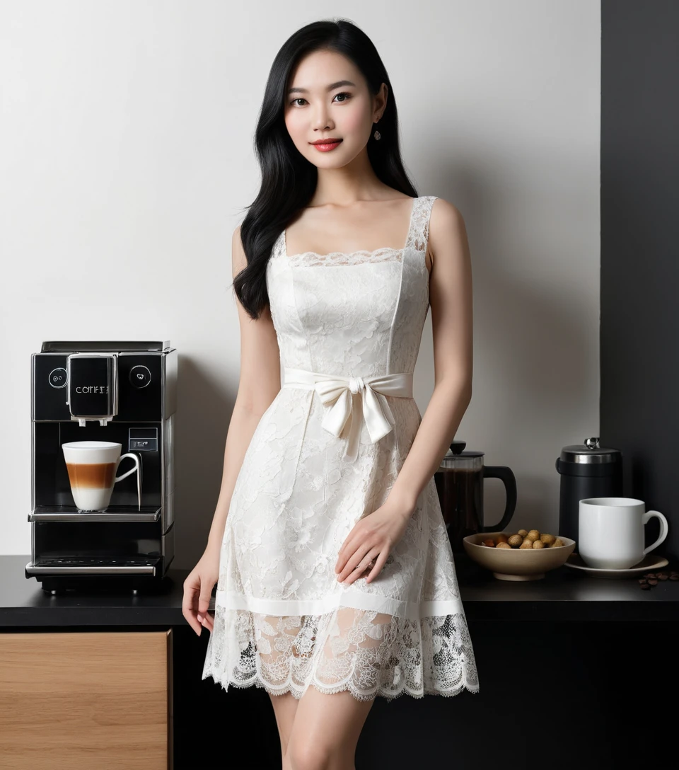 Mulher vietnamita de vestido rendado em cafeteria moderna