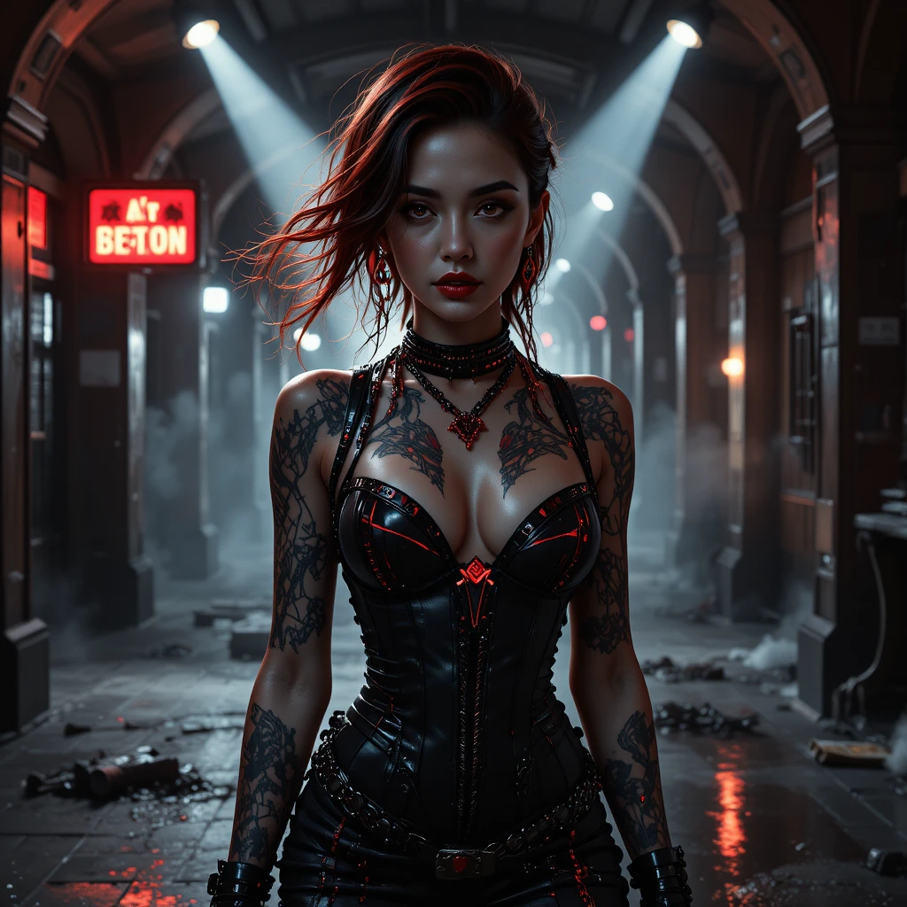Defiant femme fatale in cyber steampunk corset coat