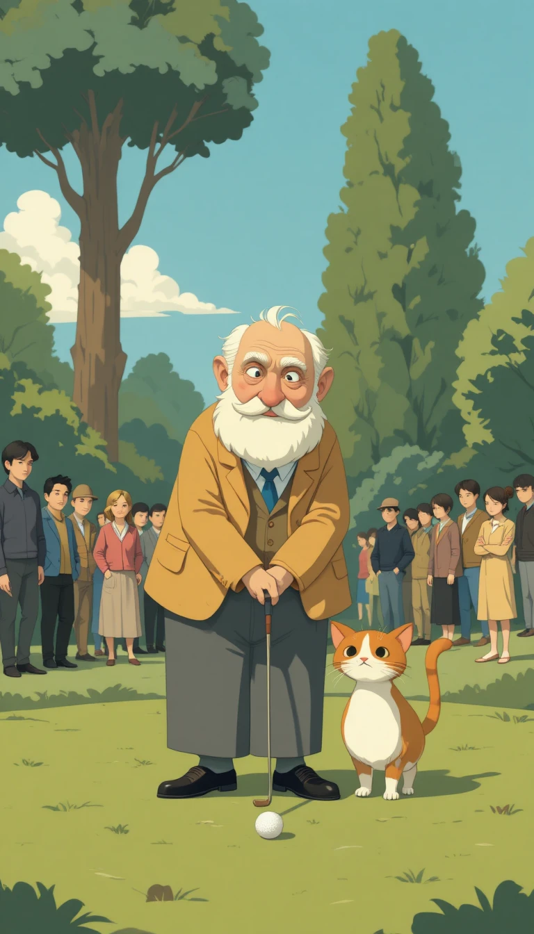 Anciano y su gato jugando al golf en ilustración plana