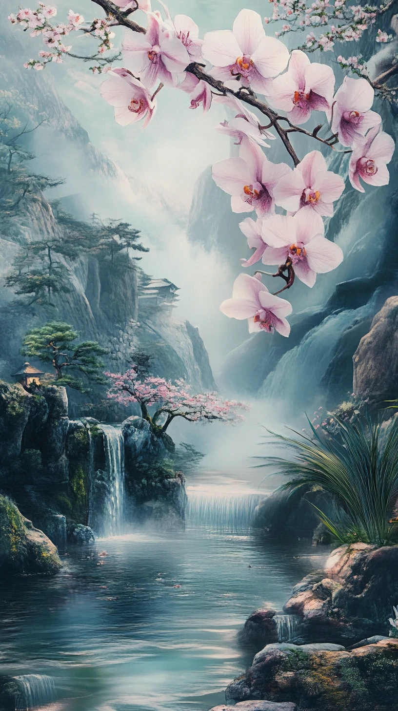 Paesaggio giapponese che emerge da un’orchidea trasparente