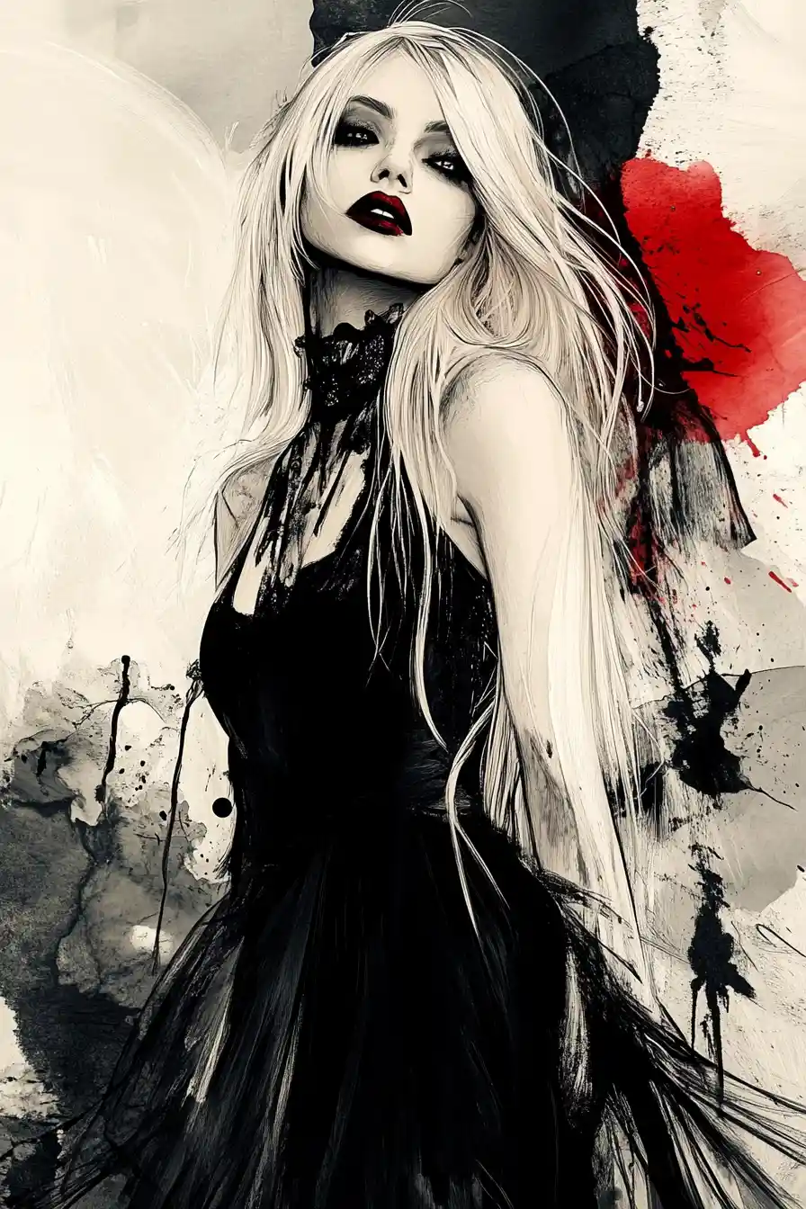Mystical goth fashion woman in vibrant ink inspired style