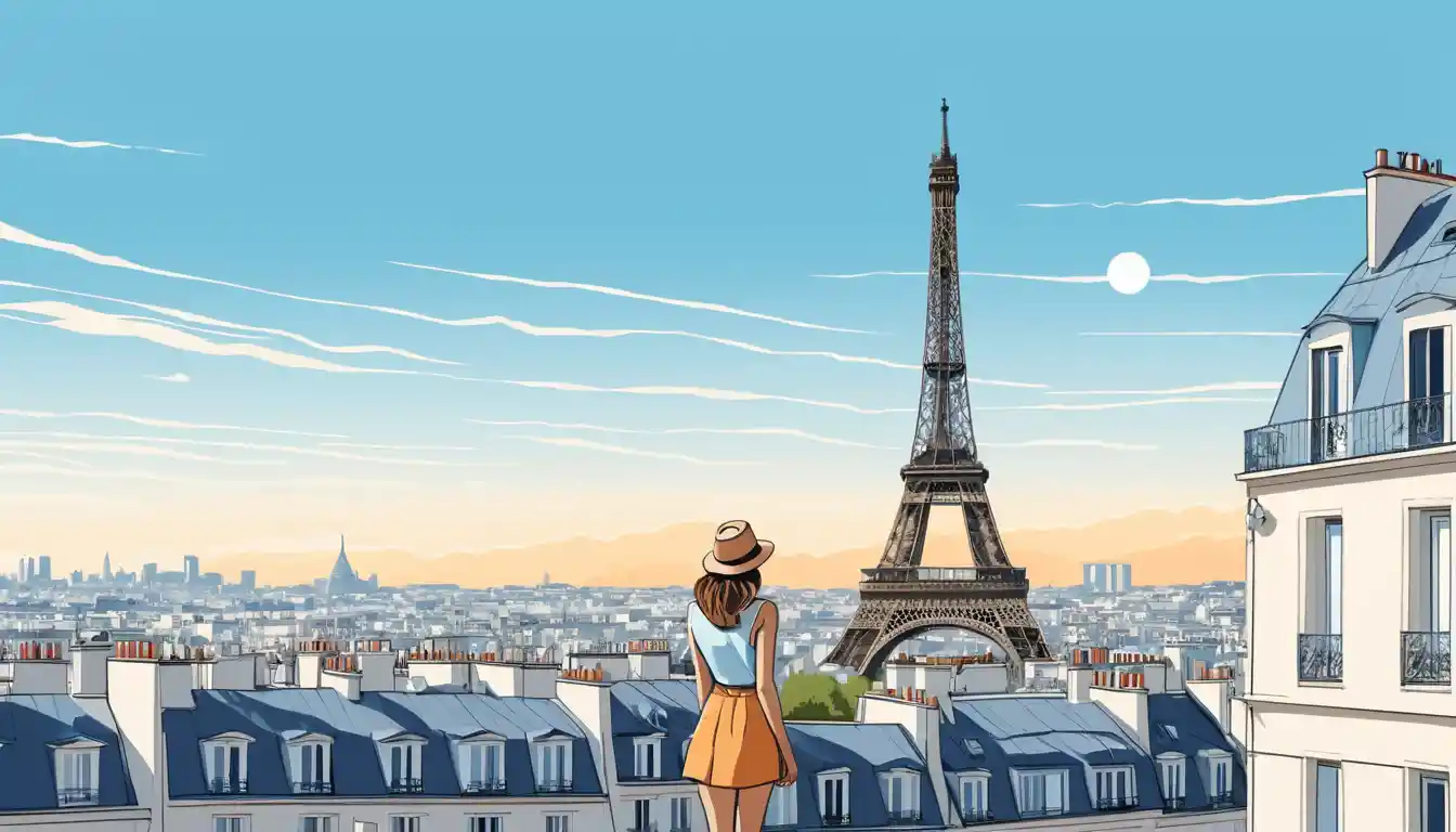 Glamorous young woman posing before the Paris skyline