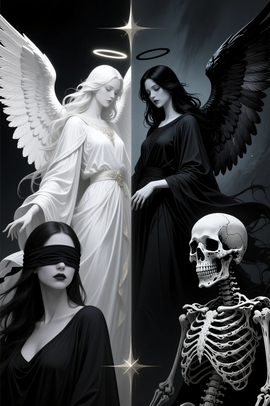 Angelic beings and grim figures in balanced contrast