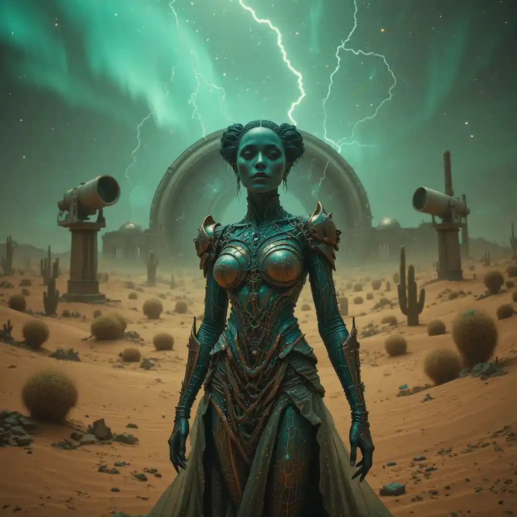 Surreal alchemical queen emerging in a ruined desert observatory