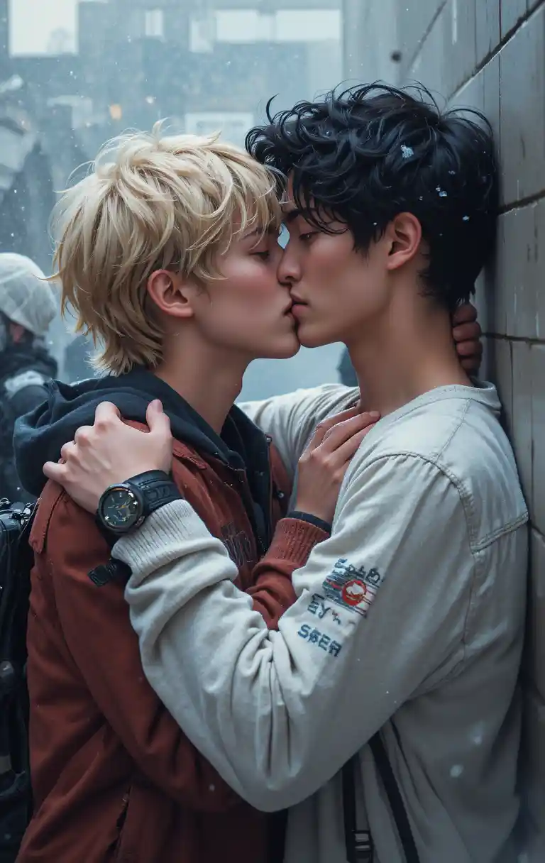 Two teenage boys share a first kiss in a school hallway