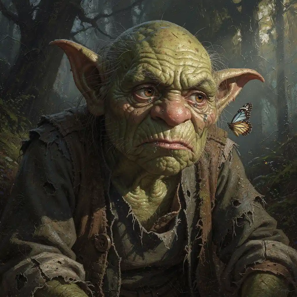 Melancholic troll watching a fragile butterfly in close view