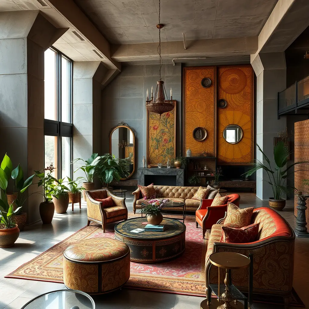Opulent eclectic living room with brutalist gold mosaics