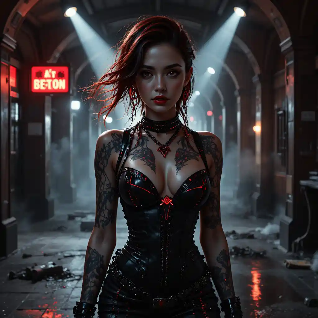 Femme fatale desafiante con abrigo corsé cyber steampunk
