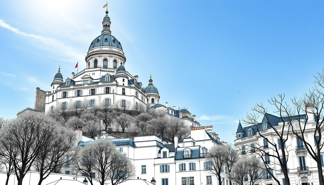 Line art cityscape of Montmartre under blue sunny sky