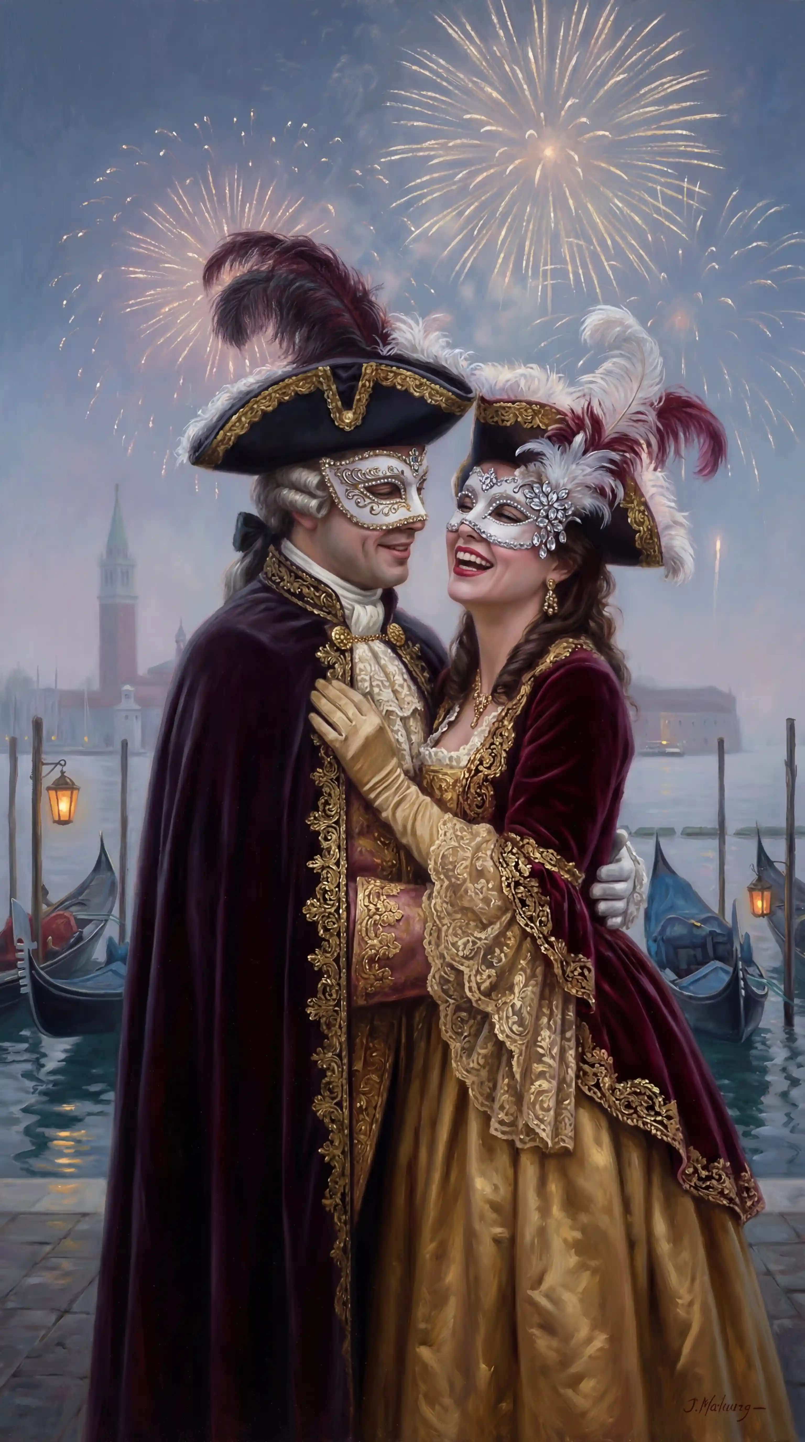Coppia mascherata in costume a Piazza San Marco, Venezia