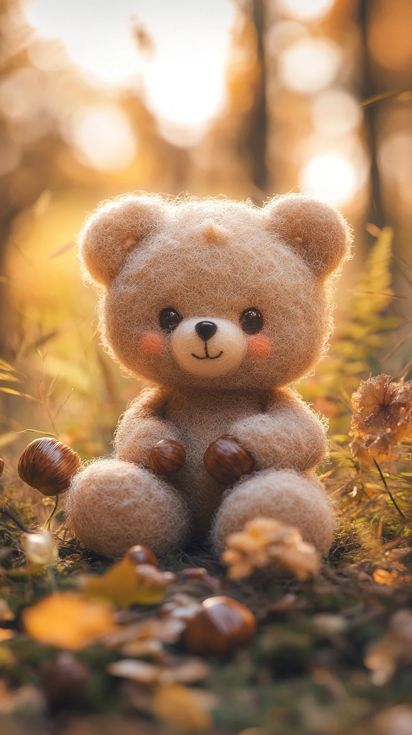 Cute felt teddy bear in a sunny forest clearing