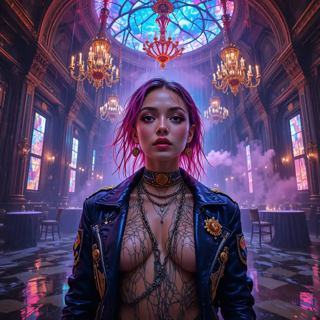 Close up portrait of a neon drenched tattooed woman