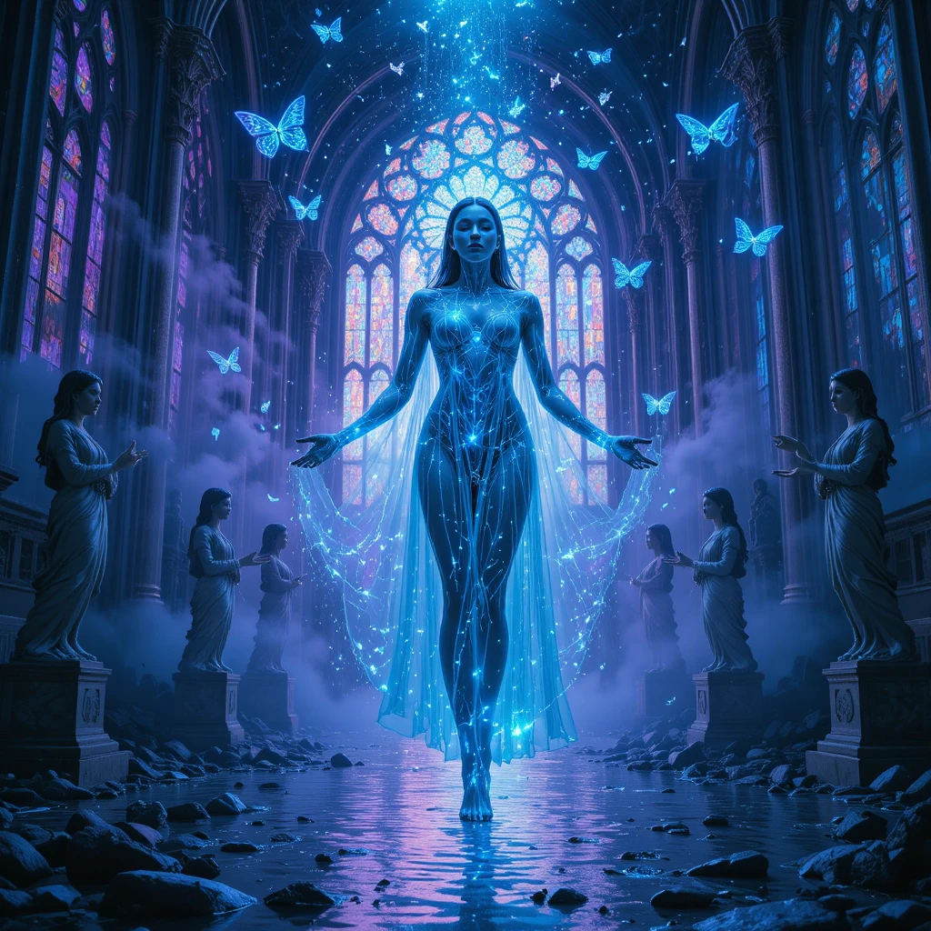 Surreal techno oracle floating in a flooded glass cathedral