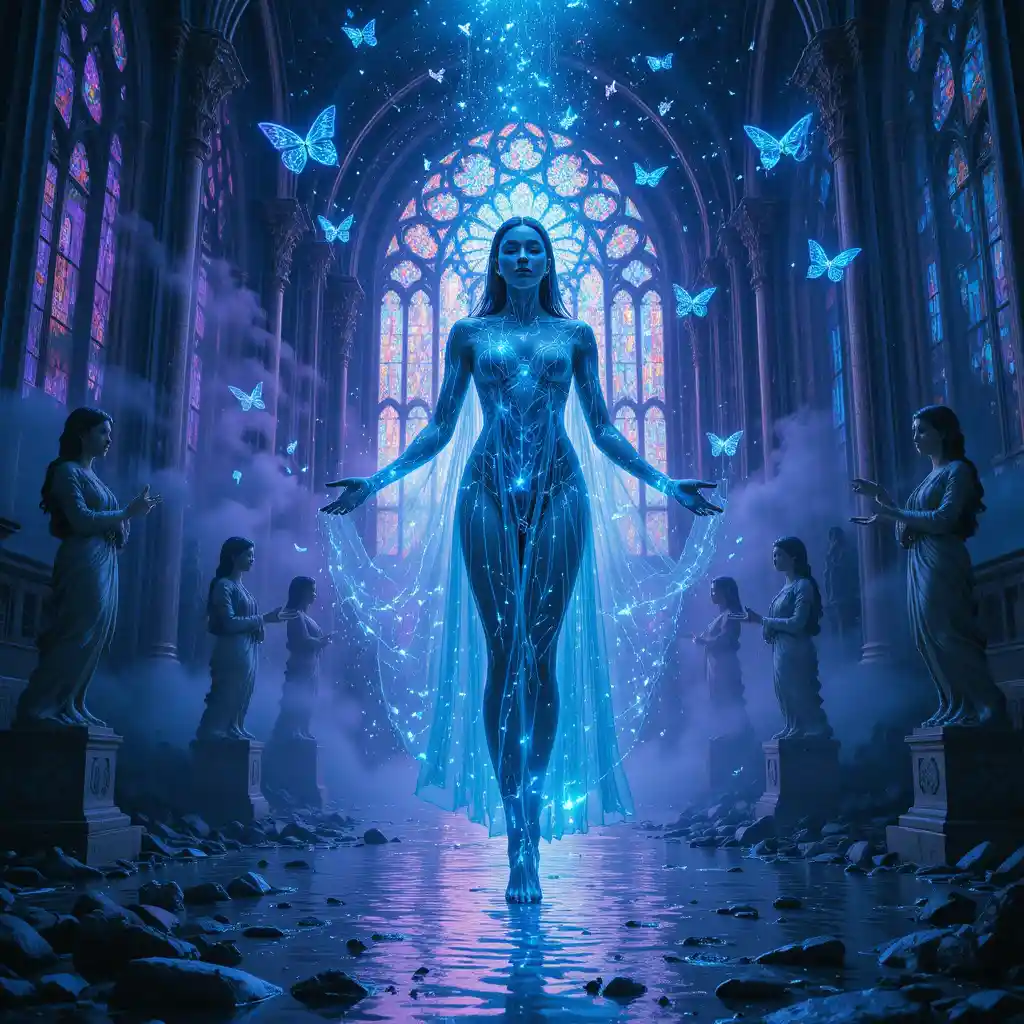 Surreal techno oracle floating in a flooded glass cathedral