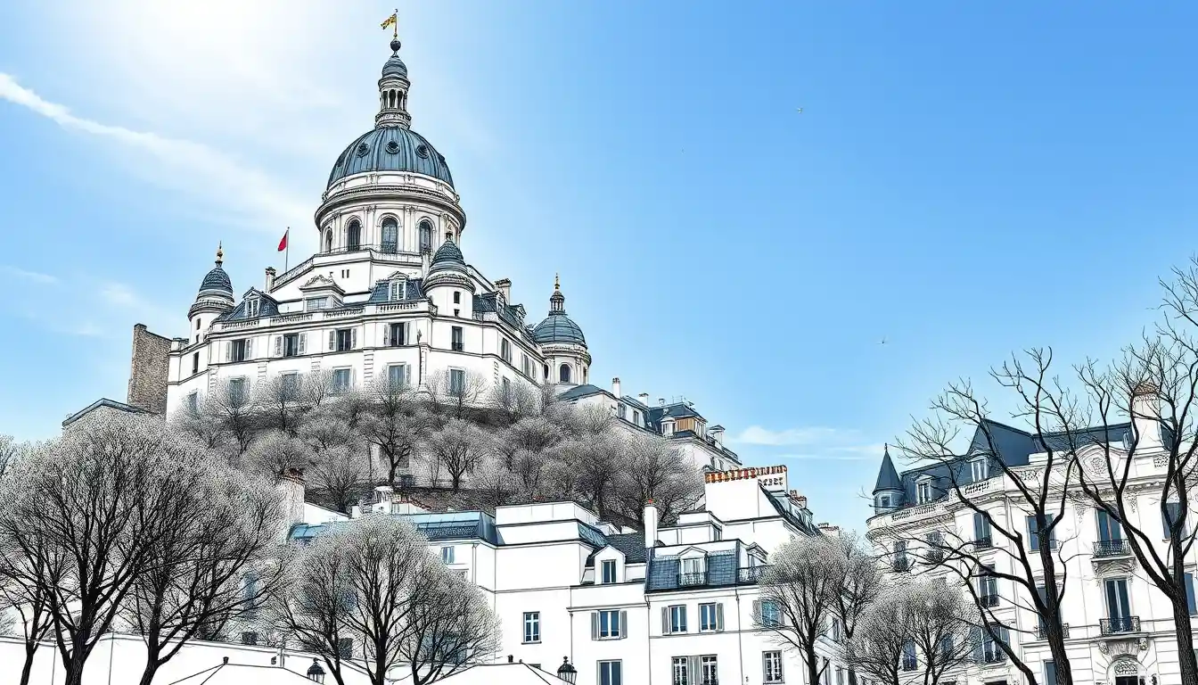 Line art cityscape of Montmartre under blue sunny sky