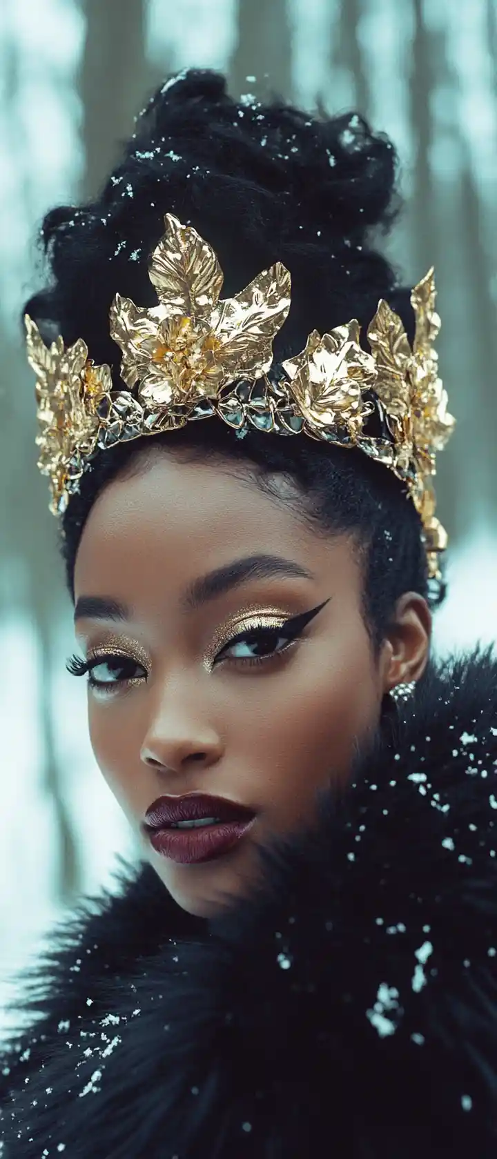 Retrato de moda de diosa negra del invierno en un bosque helado