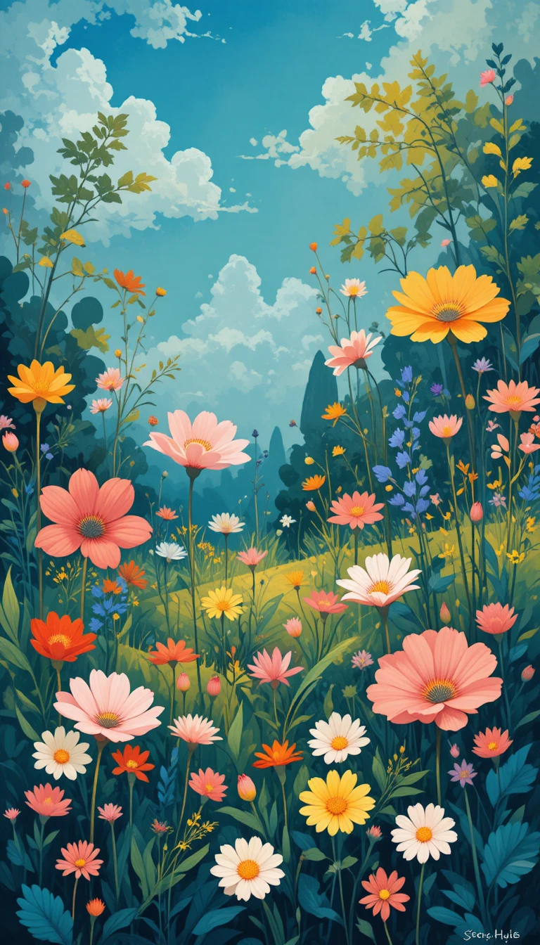 Childlike flat illustration of wildflowers and lily of the valley