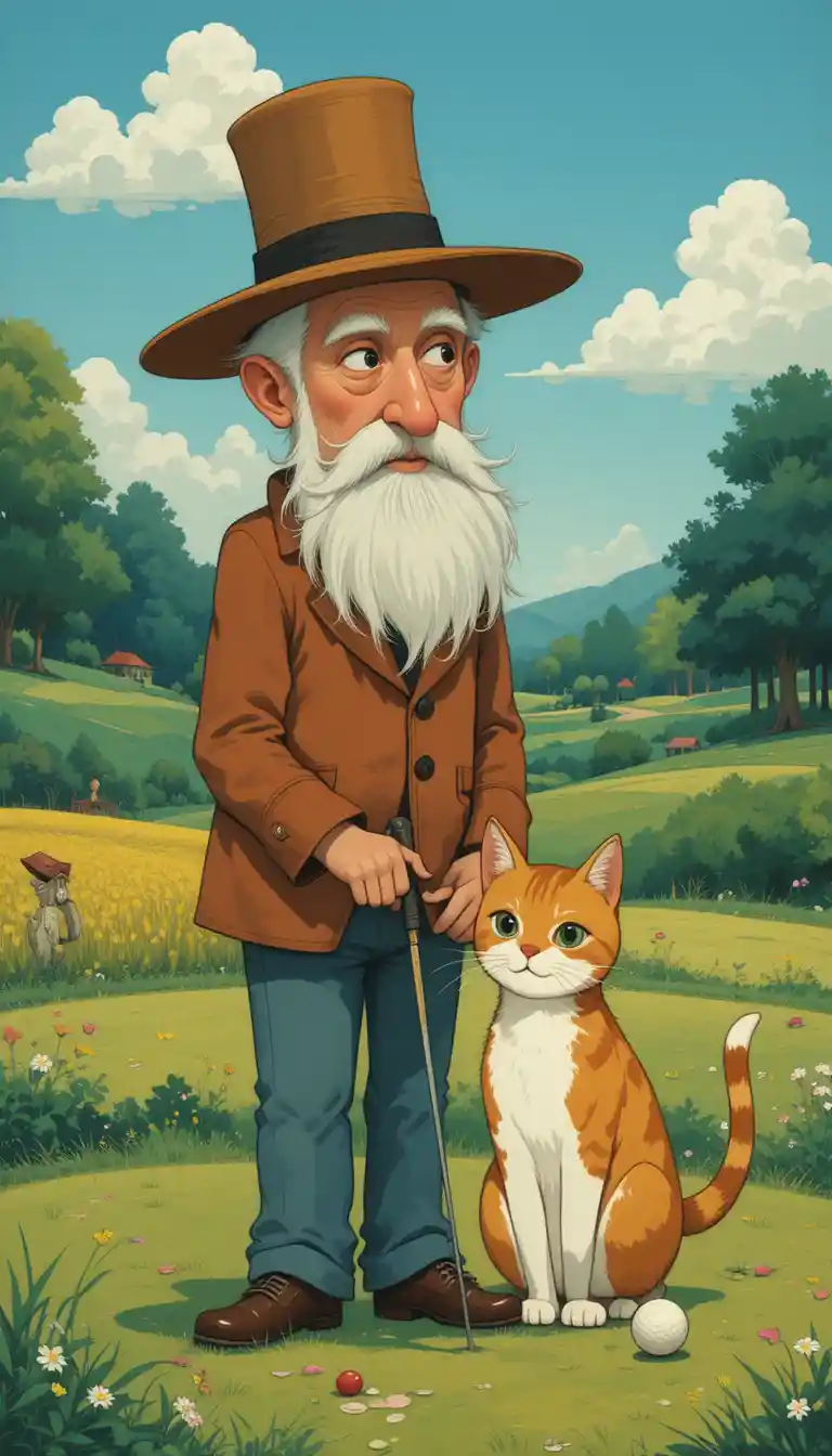 Old man and playful cat golfing in flat illustration