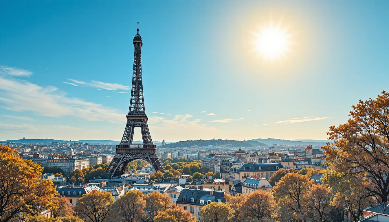 Vista en arte lineal de la Torre Eiffel con cielo azul soleado