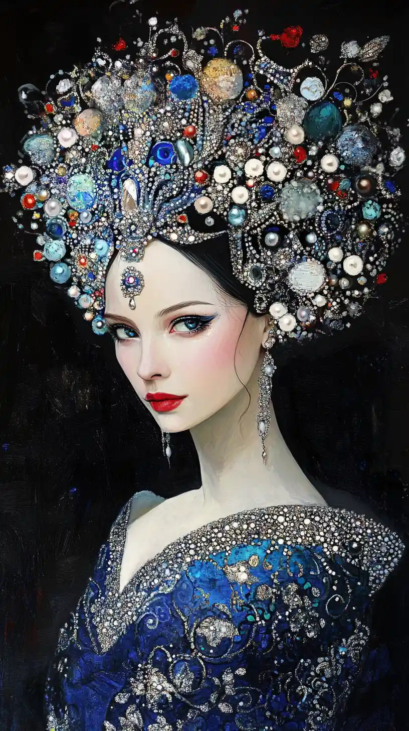 Pop art fantasy woman in luxurious jeweled gown